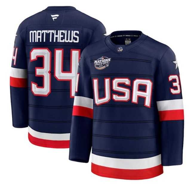 Mens USA #34 Auston Matthews Navy 2025 4 Nations Face-Off Stitched Jersey Dzhi